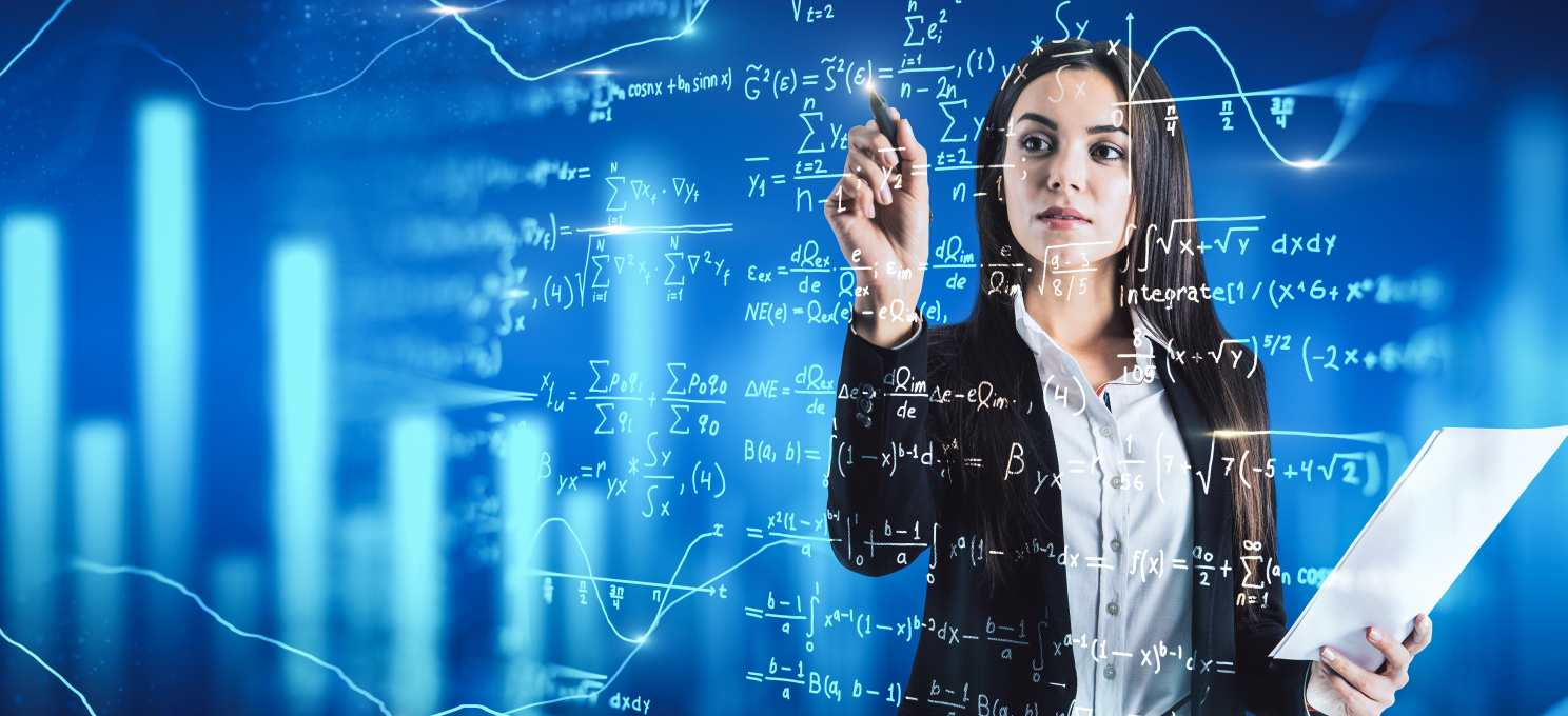 ilustracja przedstawiająca kobietę rozwiącującą równanie matematyczne